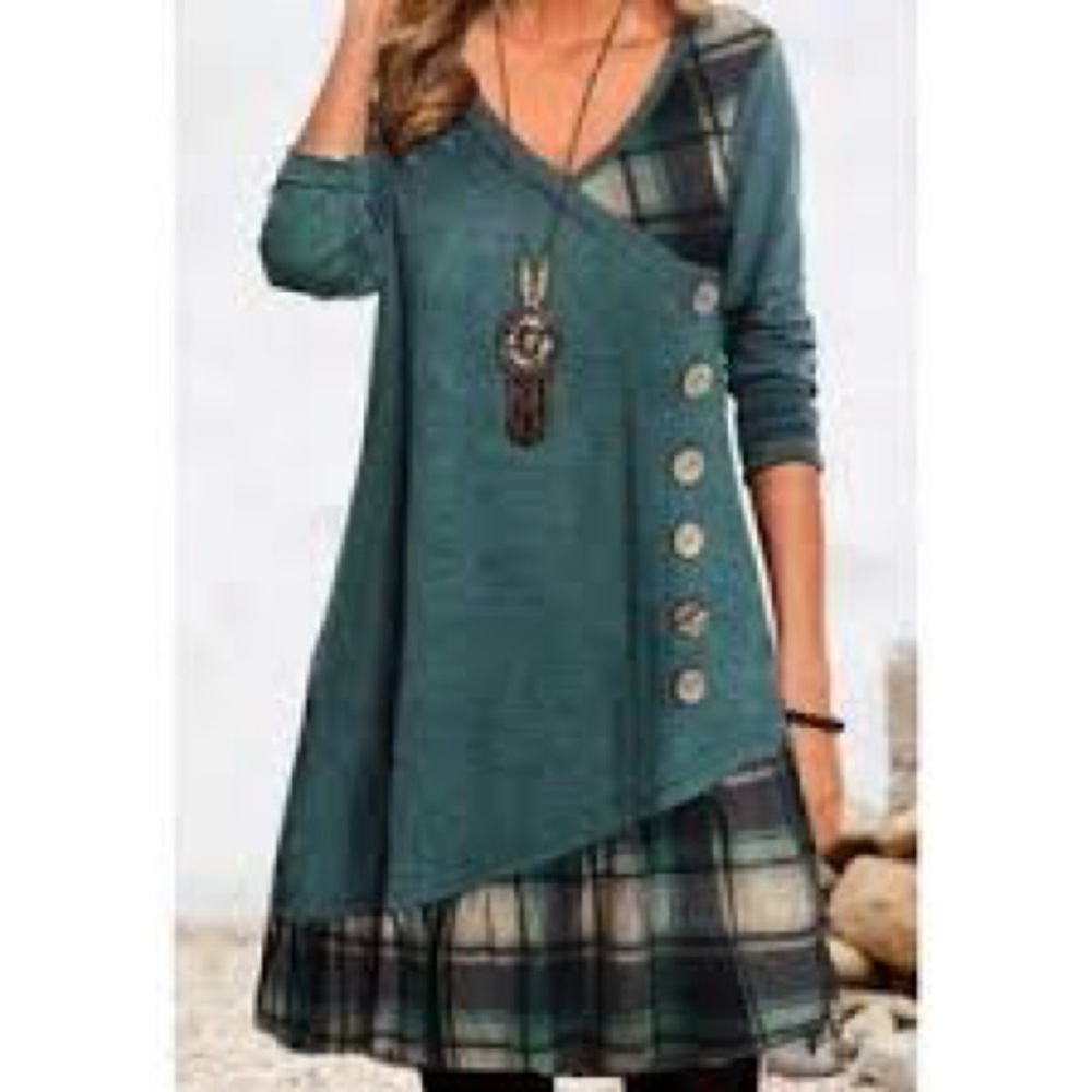 Long Sleeve Dress for Women Plaid Patchwork V Neck Tunic...